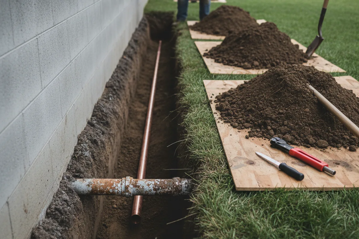 Excavated water line trench during Sewer Line Repair in Strongstown